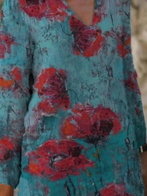 Women's Dresses V-Neck Floral Print Casual Long Sleeve Dress