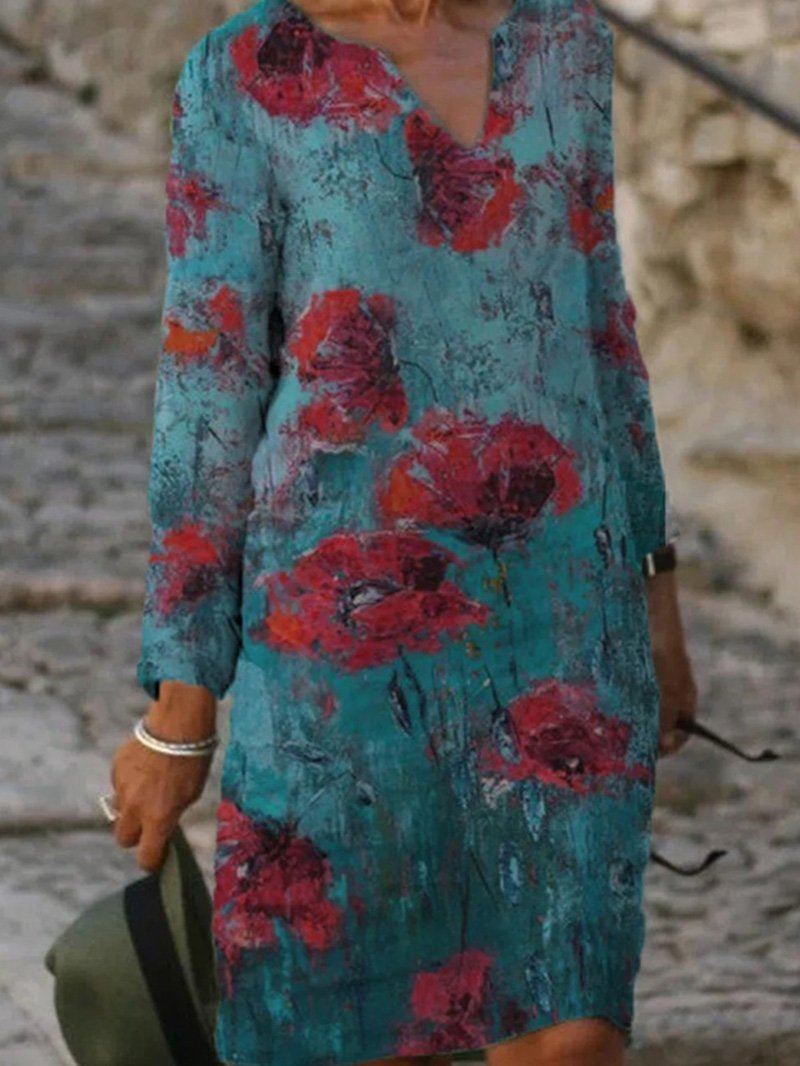 Women's Dresses V-Neck Floral Print Casual Long Sleeve Dress