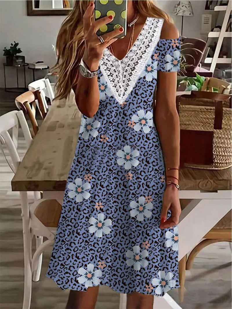 Women's Dresses V-Neck Lace Panel Off Shoulder Print Dress