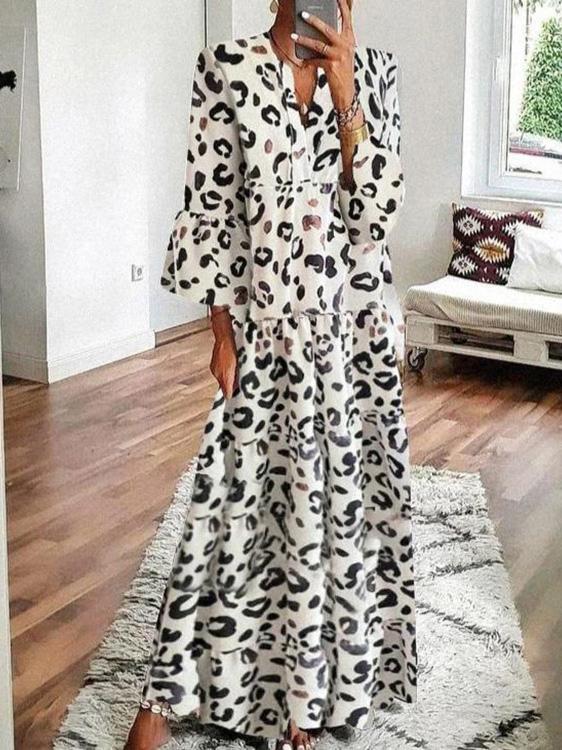 Women's Dresses V-Neck Leopard Print Boho Long Sleeve Dress