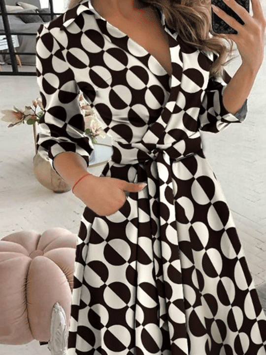 Women's Dresses V-Neck Long Sleeve Pocket Print Dress