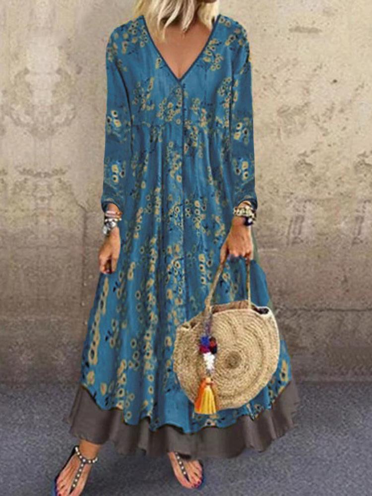 Women's Dresses V-Neck Long Sleeve Vintage Print Fake Two-Piece Dress