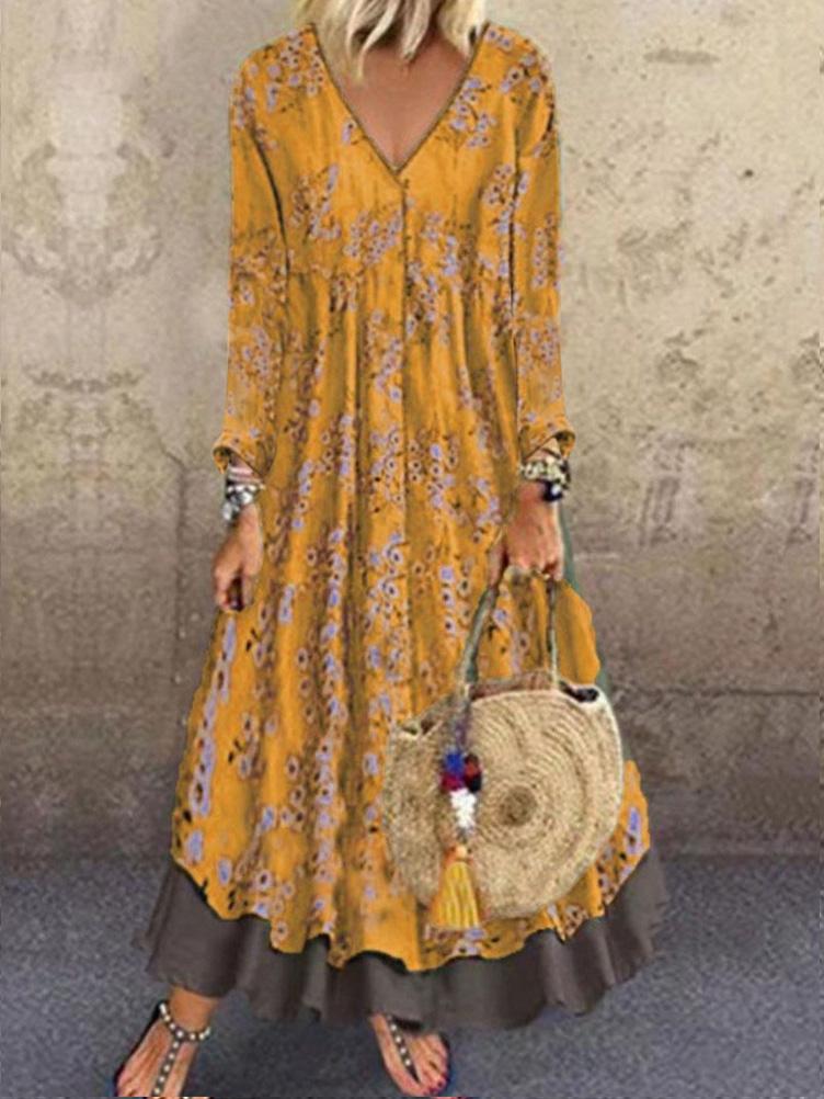 Women's Dresses V-Neck Long Sleeve Vintage Print Fake Two-Piece Dress