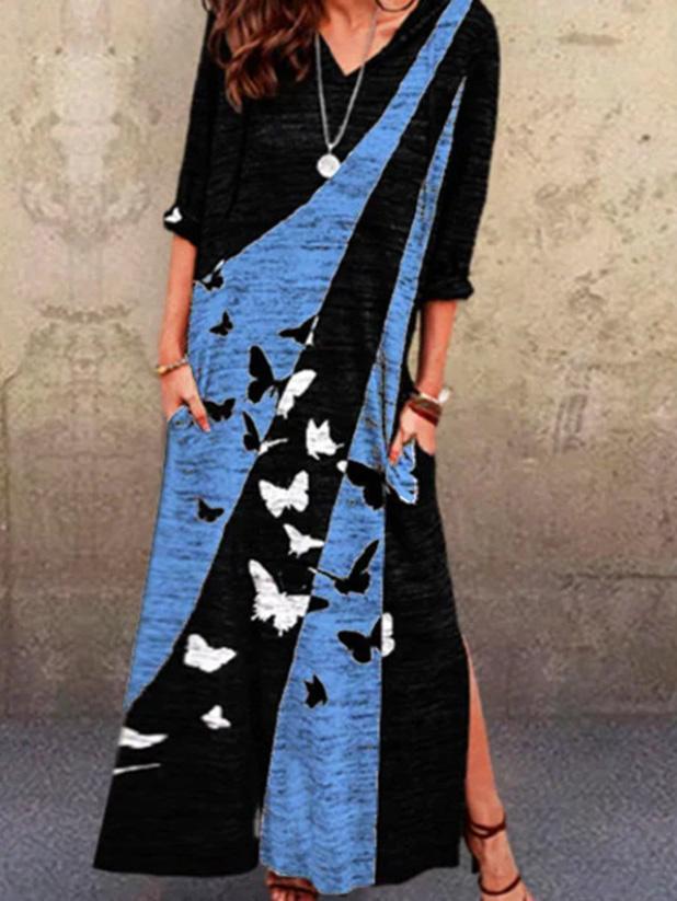 Women's Dresses V-Neck Multicolor Butterfly Print Mid-Sleeve Dress