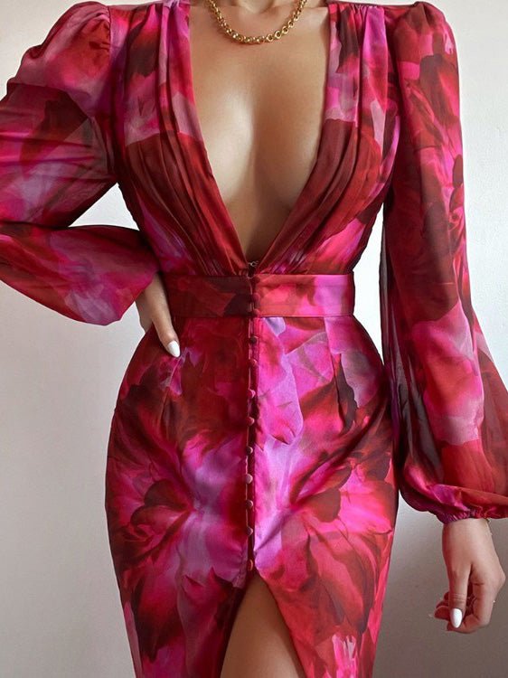 Women's Dresses V Neck Print Long Sleeve Slit Dress