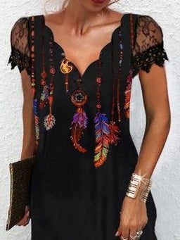 Women's Dresses V-Neck Printed Feather Lace Short Sleeve Dress