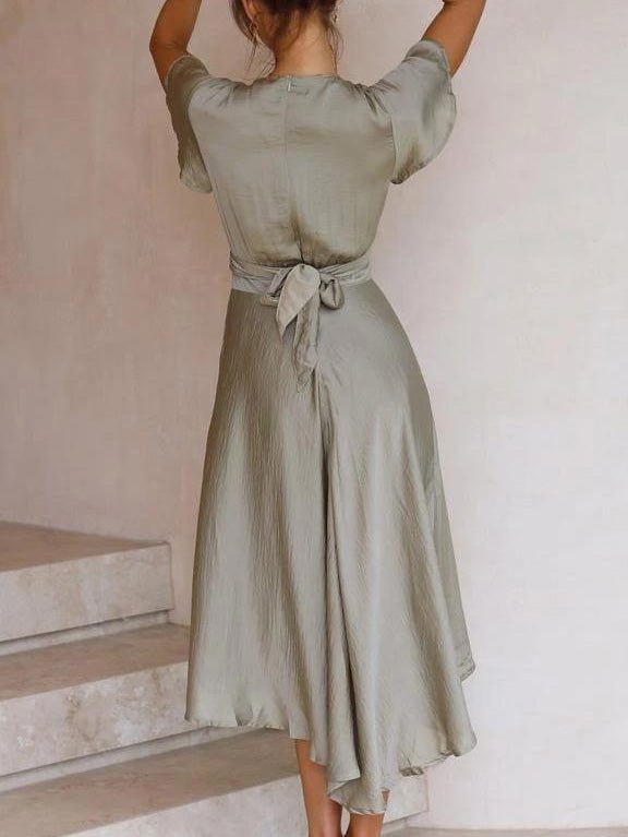 Women's Dresses V-Neck Short Sleeve Belted Irregular Dress