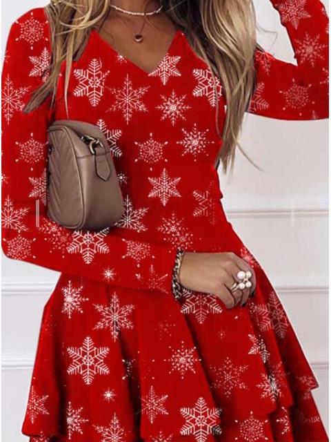 Women's Dresses V-Neck Snowflake Long Sleeve Mini Dress