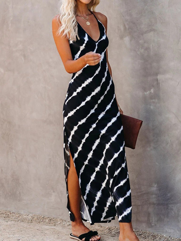 Women's Dresses V-Neck Suspender Stripe Print Slit Dress