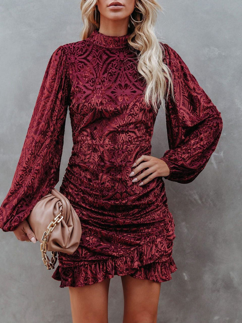 Women's Dresses Velvet Burnt Flower Ruffled Irregular Long Sleeve Dress