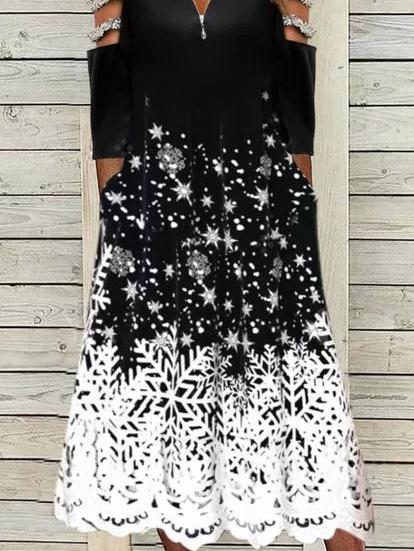 Women's Dresses Zip V-Neck Off-The-Shoulder Snowflake Printed Dress