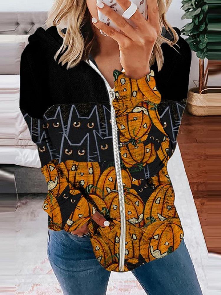 Women's Hoodies Cat Pumpkin Print Long Sleeve Zip Hoodie