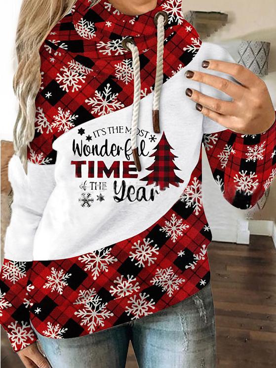Women's Hoodies Christmas Snowflake Check Drawstring Long Sleeve Hoodie