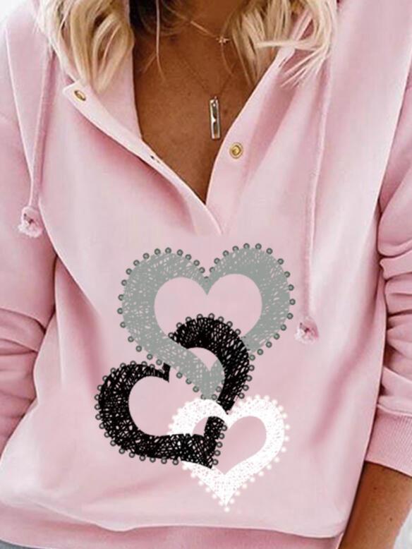 Women's Hoodies Heart Button Drawstring Long Sleeve Hoodie