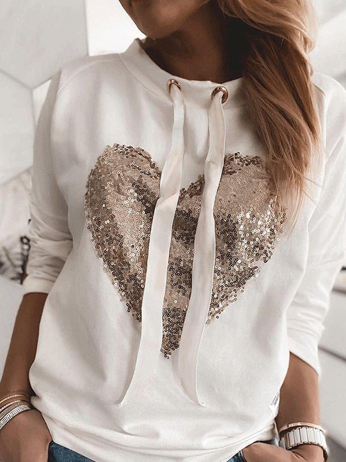 Women's Hoodies Heart-Shaped Sequined Long Sleeve Sweatshirt