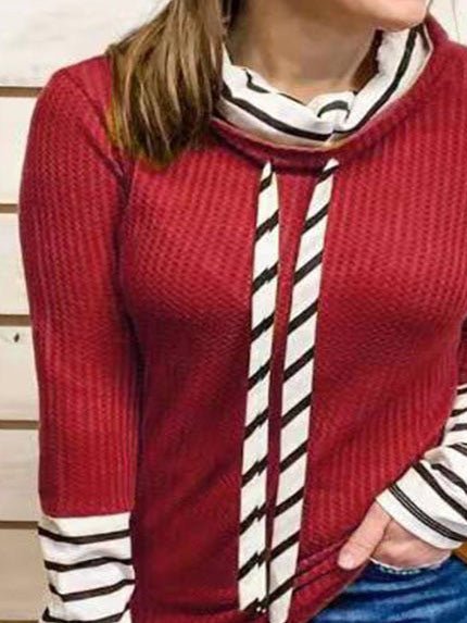 Women's Hoodies High-Neck Striped Panel Long Sleeves Casual Sweatshirt