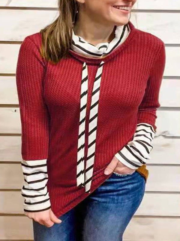 Women's Hoodies High-Neck Striped Panel Long Sleeves Casual Sweatshirt