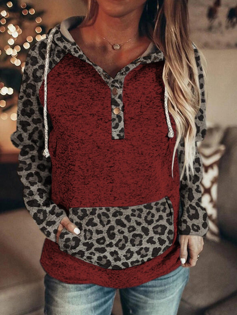 Women's Hoodies Leopard Button Pocket Drawstring Hoody