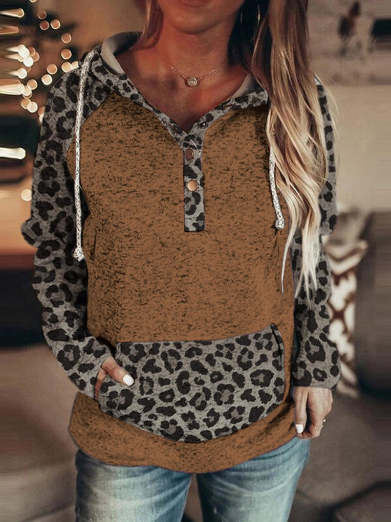 Women's Hoodies Leopard Button Pocket Drawstring Hoody