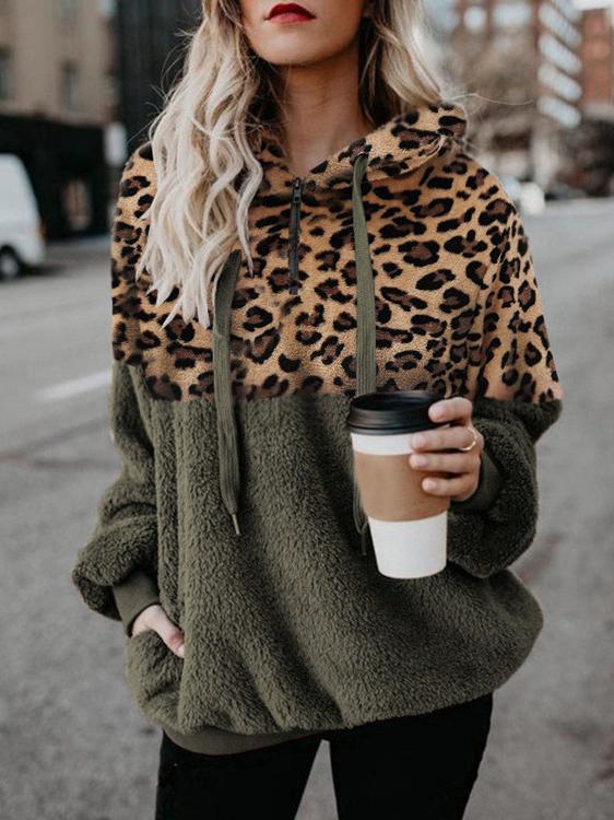 Women's Hoodies Leopard Print Zip Pocket Long Sleeve Hoody