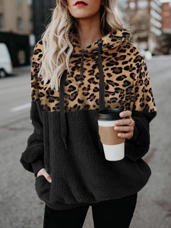 Women's Hoodies Leopard Print Zip Pocket Long Sleeve Hoody