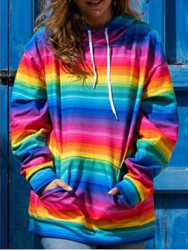 Women's Hoodies Rainbow Stripe Pocket Long Sleeve Hoody