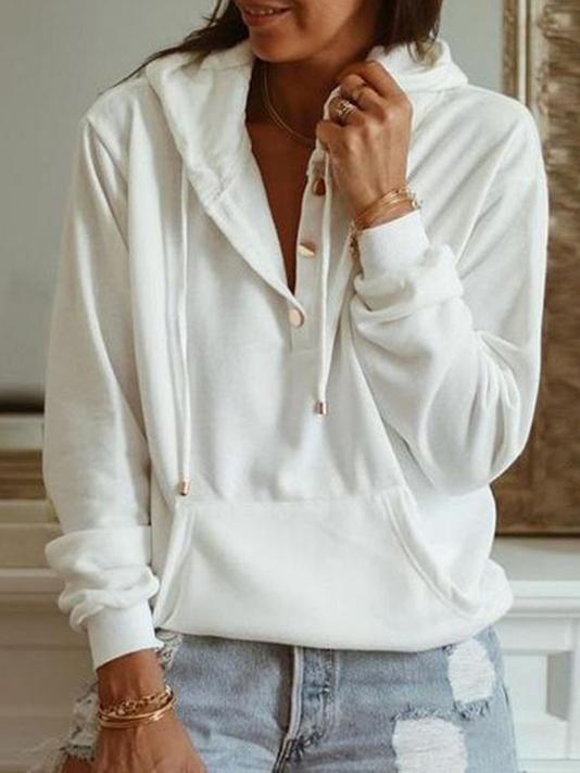 Women's Hoodies Solid Concealed Button Long Sleeve Pocket Hoodie