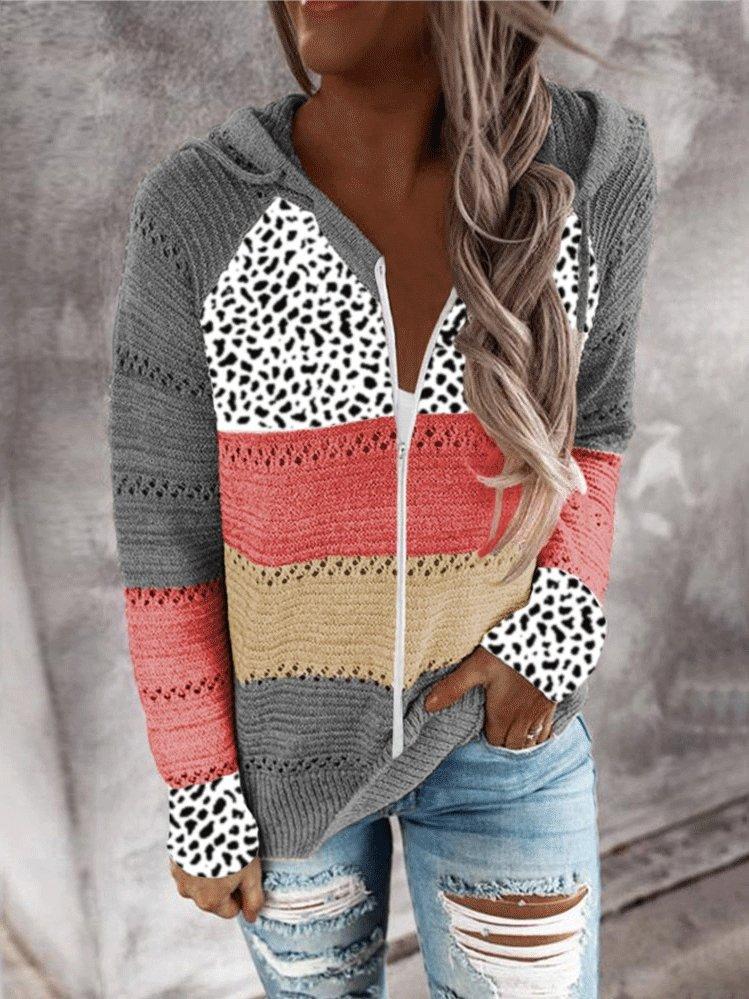 Women's Hoodies Striped Leopard Panel Zip Hooded Sweater