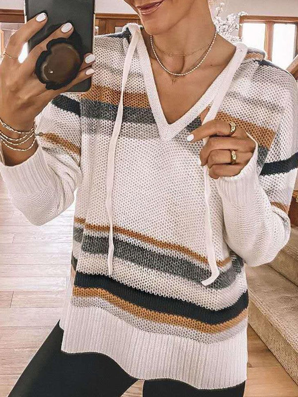 Women's Hoodies Striped V-Neck Long Sleeve Knit Hoodie