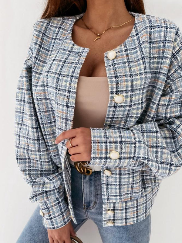 Women's Jackets Check Printed Long Sleeve Short Jacket