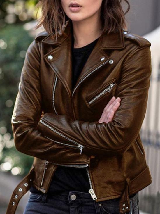 Women's Jackets Cool Zip Crop Slim Leather Jacket