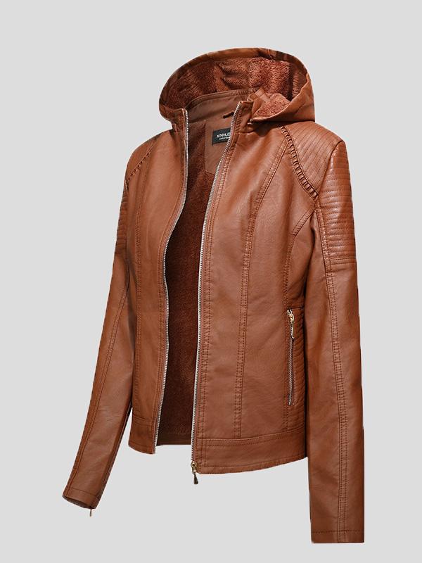 Women's Jackets Fleece Hooded Zipper Slim Leather Jacket