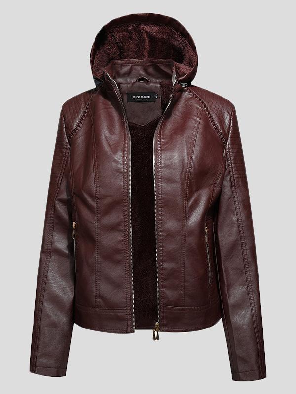 Women's Jackets Fleece Hooded Zipper Slim Leather Jacket