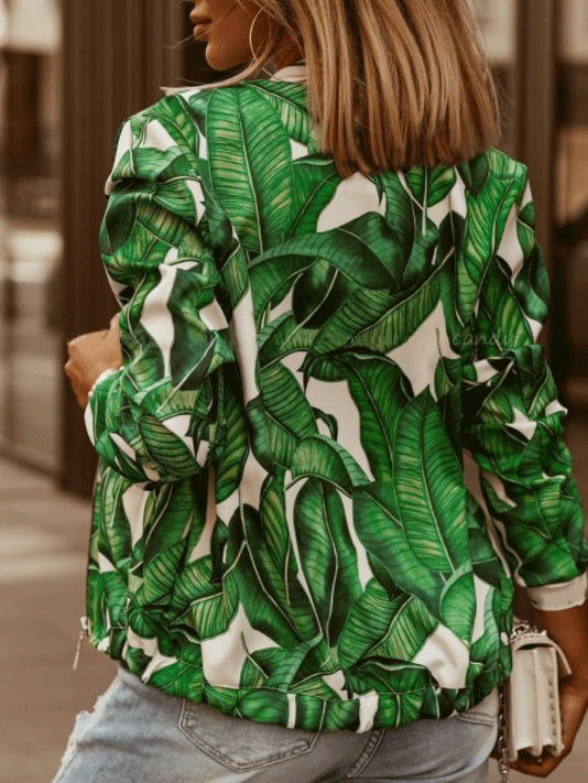 Women's Jackets Leaf Print Slim Long Sleeve Cropped Jacket