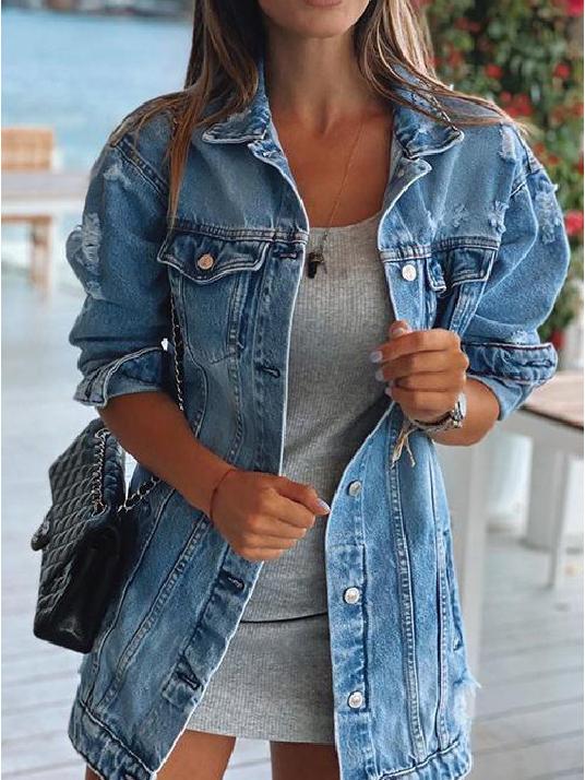 Women's Jackets Long Sleeve Lapel Pocket Ripped Denim Jacket