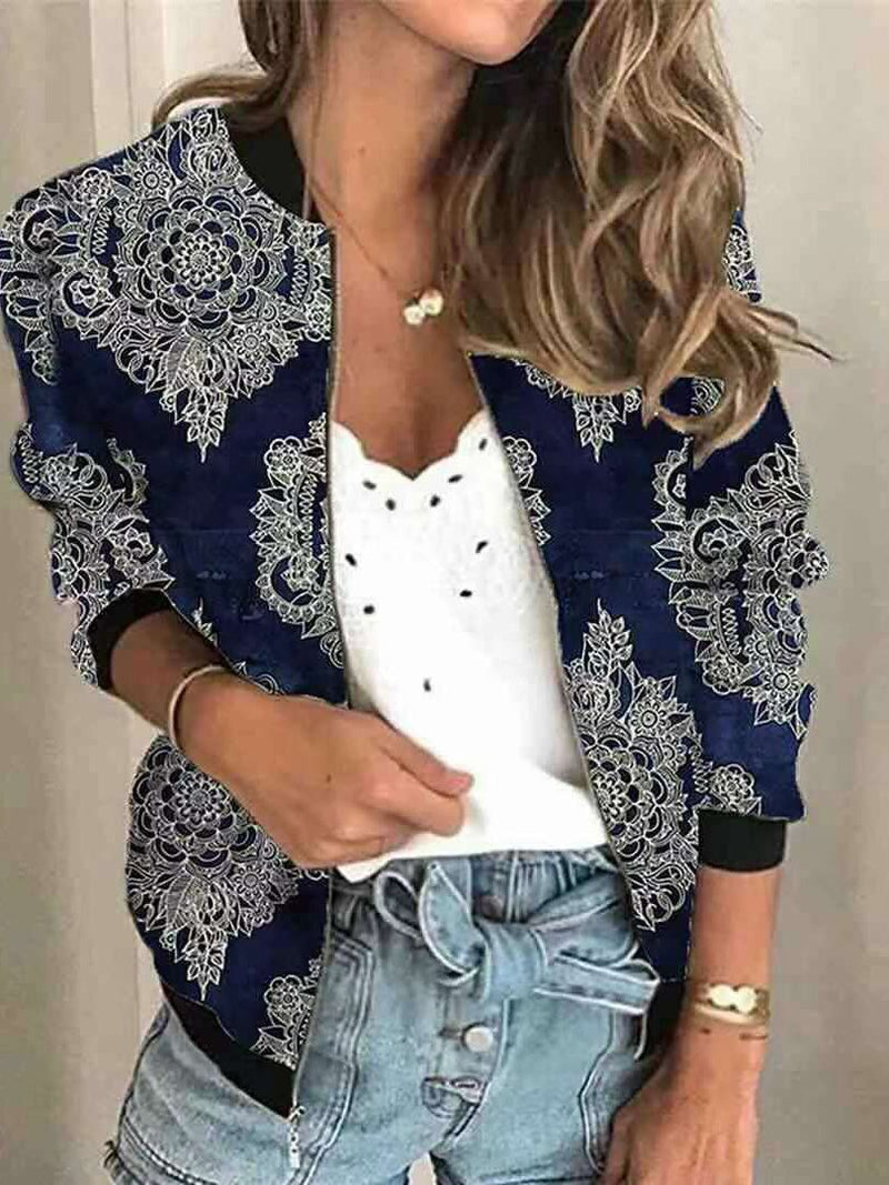 Women's Jackets Retro Print Zipped Long Sleeve Jacket