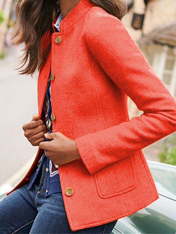 Women's Jackets Simple Solid Stand Collar Button Wool Jacket