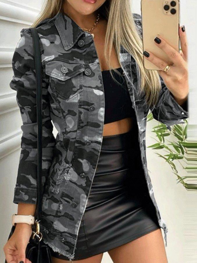 Women's Jackets Single-Breasted Pocket Long Sleeve Camouflage Jacket