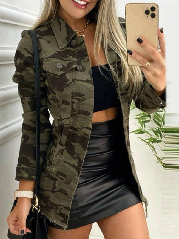 Women's Jackets Single-Breasted Pocket Long Sleeve Camouflage Jacket