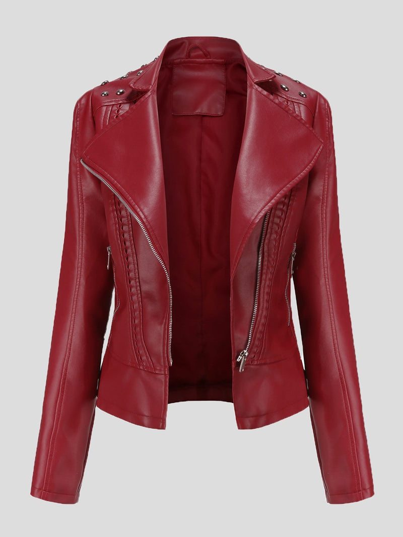 Women's Jackets Studded Zipper Lapel Leather Jacket