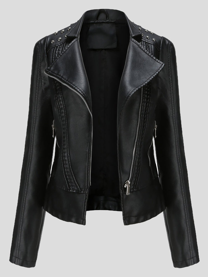 Women's Jackets Studded Zipper Lapel Leather Jacket