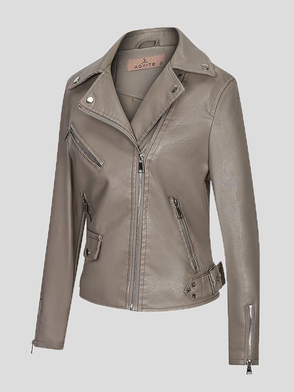 Women's Jackets Temperament PU Lapel Zip Slim Jacket