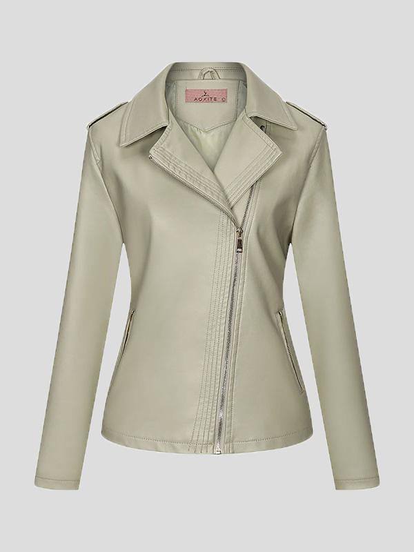 Women's Jackets Temperament Slim Zipper Lapel Pu Leather Jacket