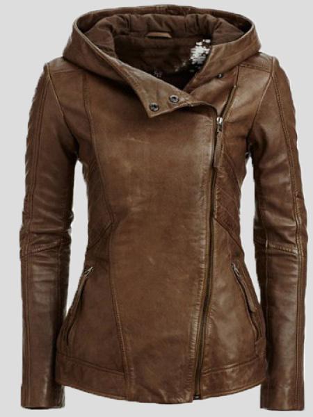 Women's Jackets Vintage Long Sleeve Hooded Leather Jacket