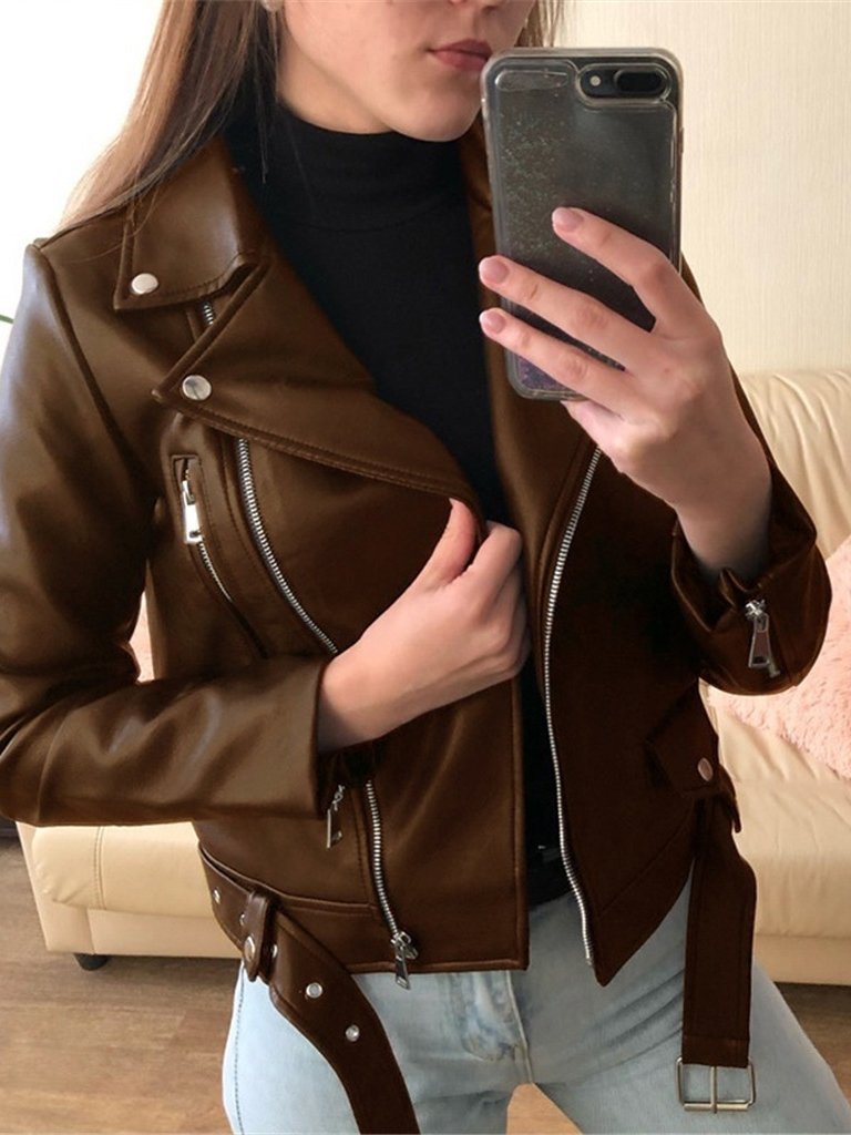 Women's Jackets Zipper Long Sleeve PU Skinny Leather Jacket