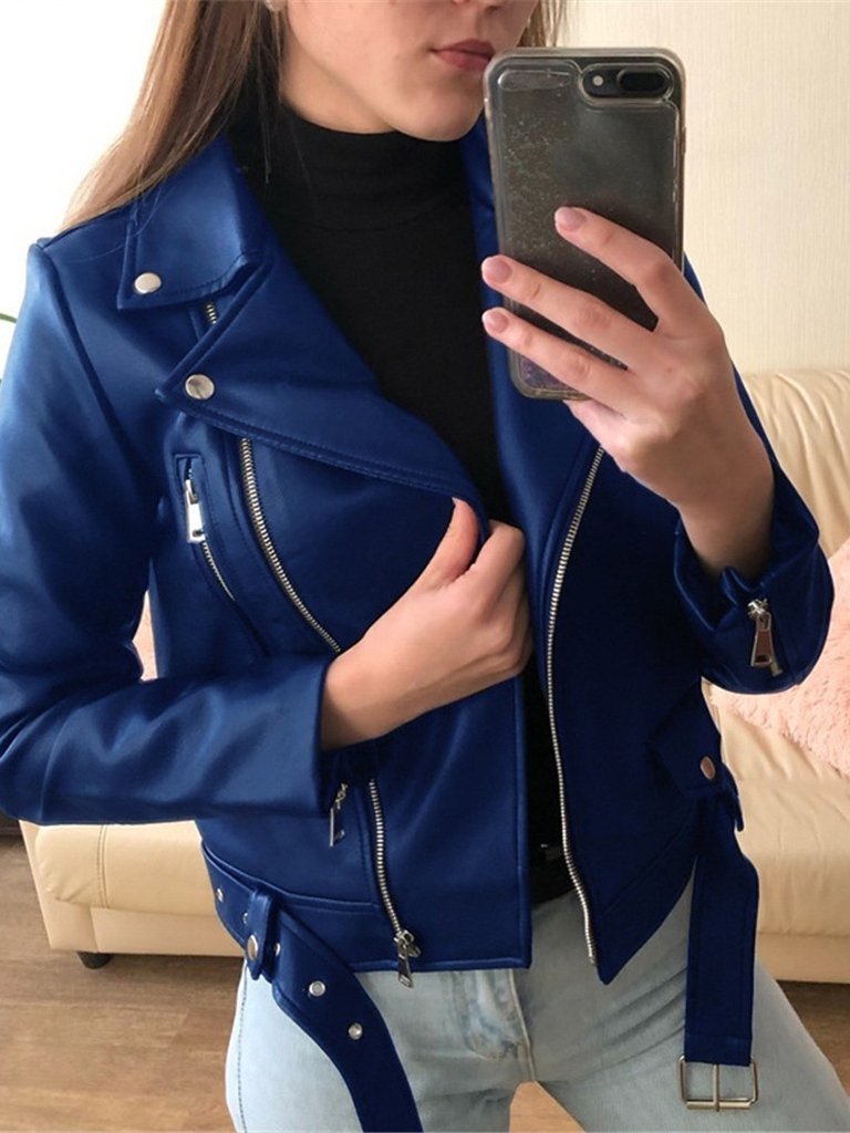Women's Jackets Zipper Long Sleeve PU Skinny Leather Jacket