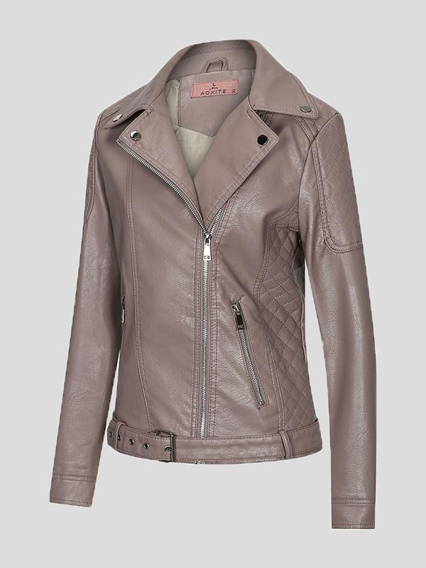 Women's Jackets Zipper Pu Long Sleeve Lapel Slim Fit Leather Jacket