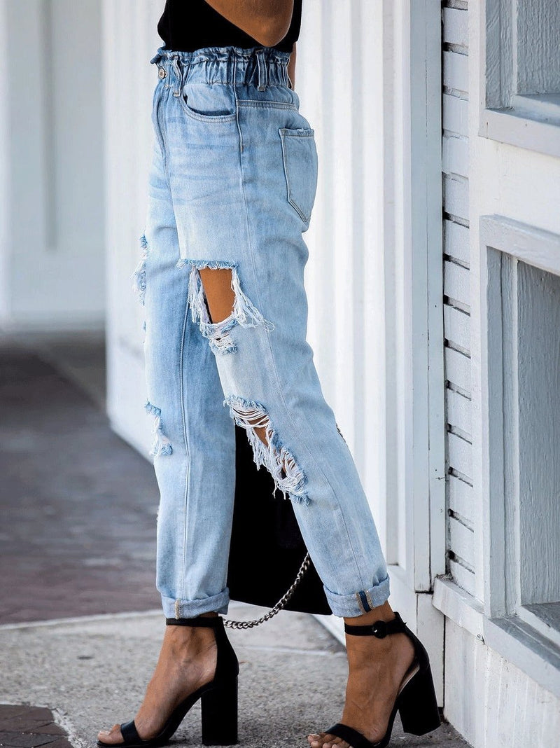 Women's Jeans Elastic Waist Ripped Straight-Leg Jeans