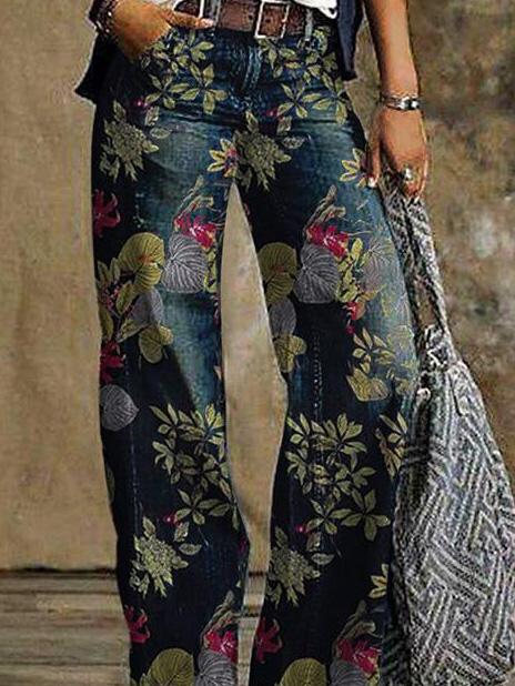 Women's Jeans Floral Print Casual Wide-Leg Jeans
