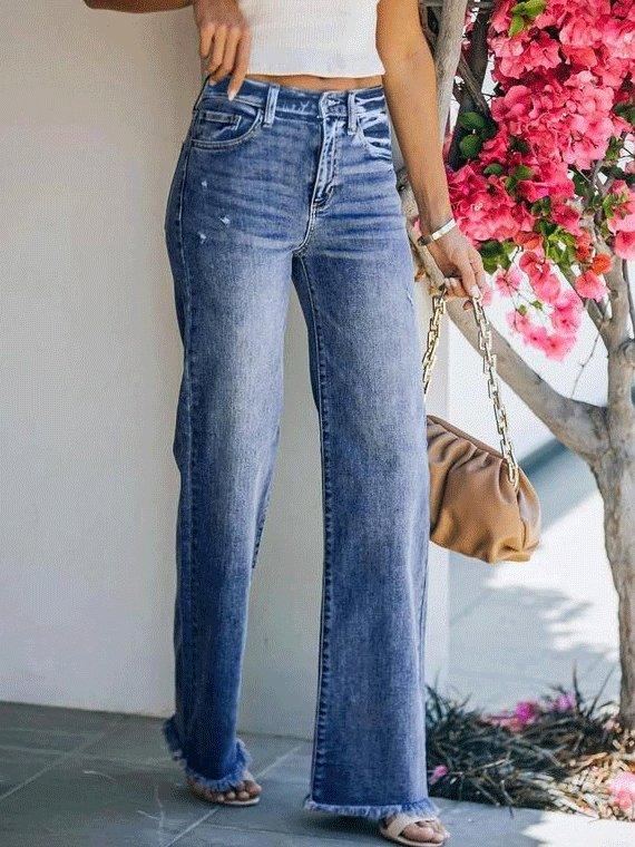 Women's Jeans Raw-Edged Straight-Leg Washed Jeans